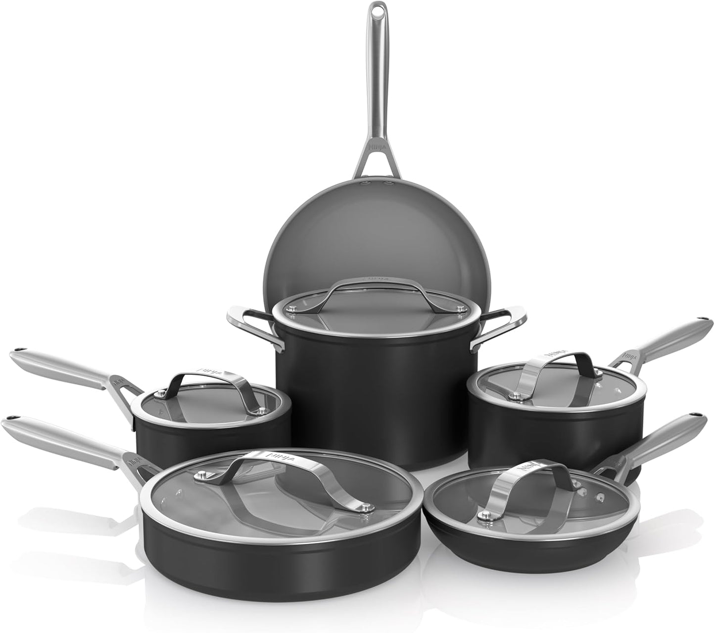 Ninja Ceramic Pro 11-Piece Cookware Set, Non-Stick Pots & Pans Set with Glass Lids, Nontoxic, PTFE Free, Ceramic Coated, Oven Safe, All Stovetops & Induction Compatible, Black, CW39011BK