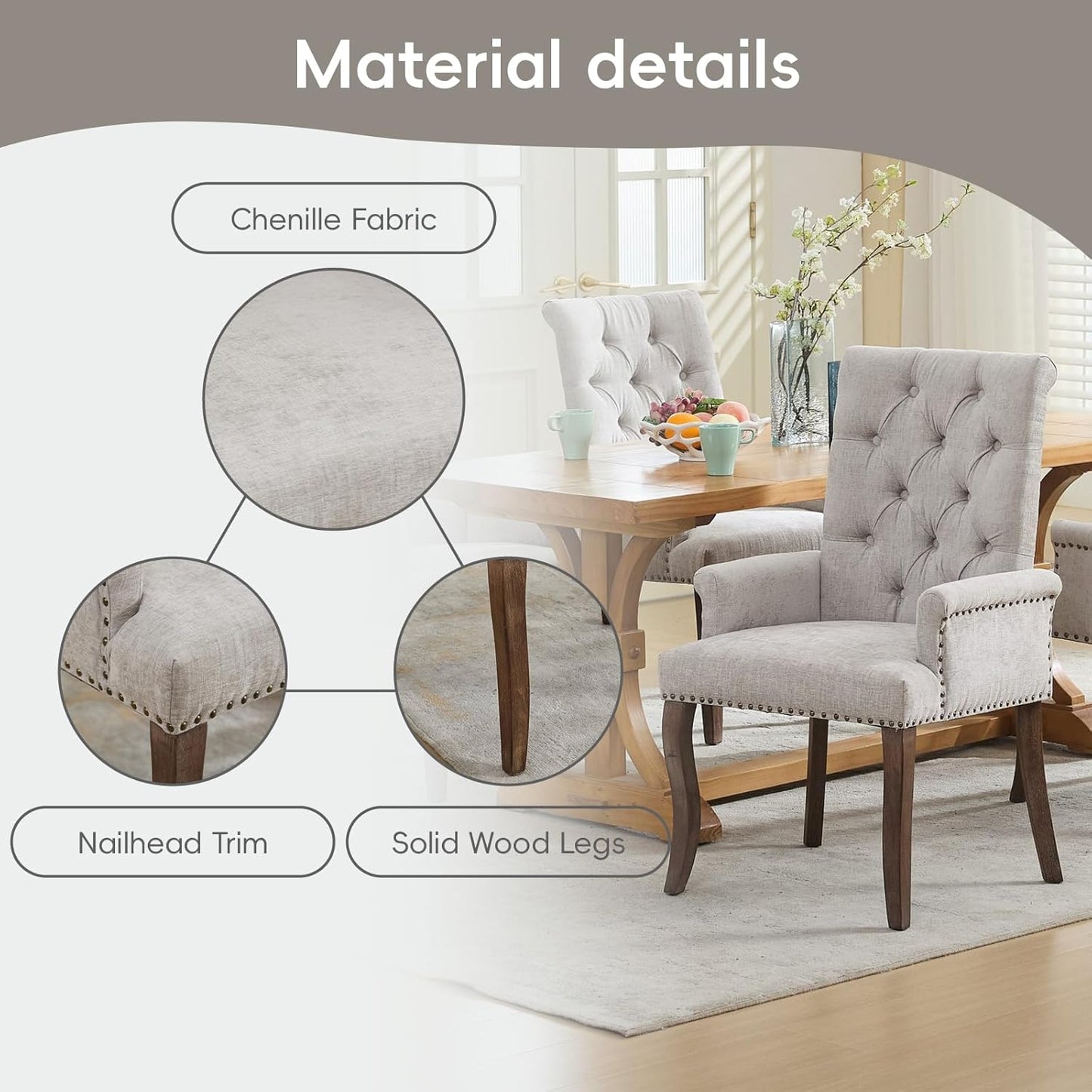 Upholstered Tufted Chenille Dining Chairs with Arms & Nailhead Trim – Solid Wood Frame & Legs, Modern Farmhouse for Dining, Kitchen & Living Room (Set of 6, Beige)