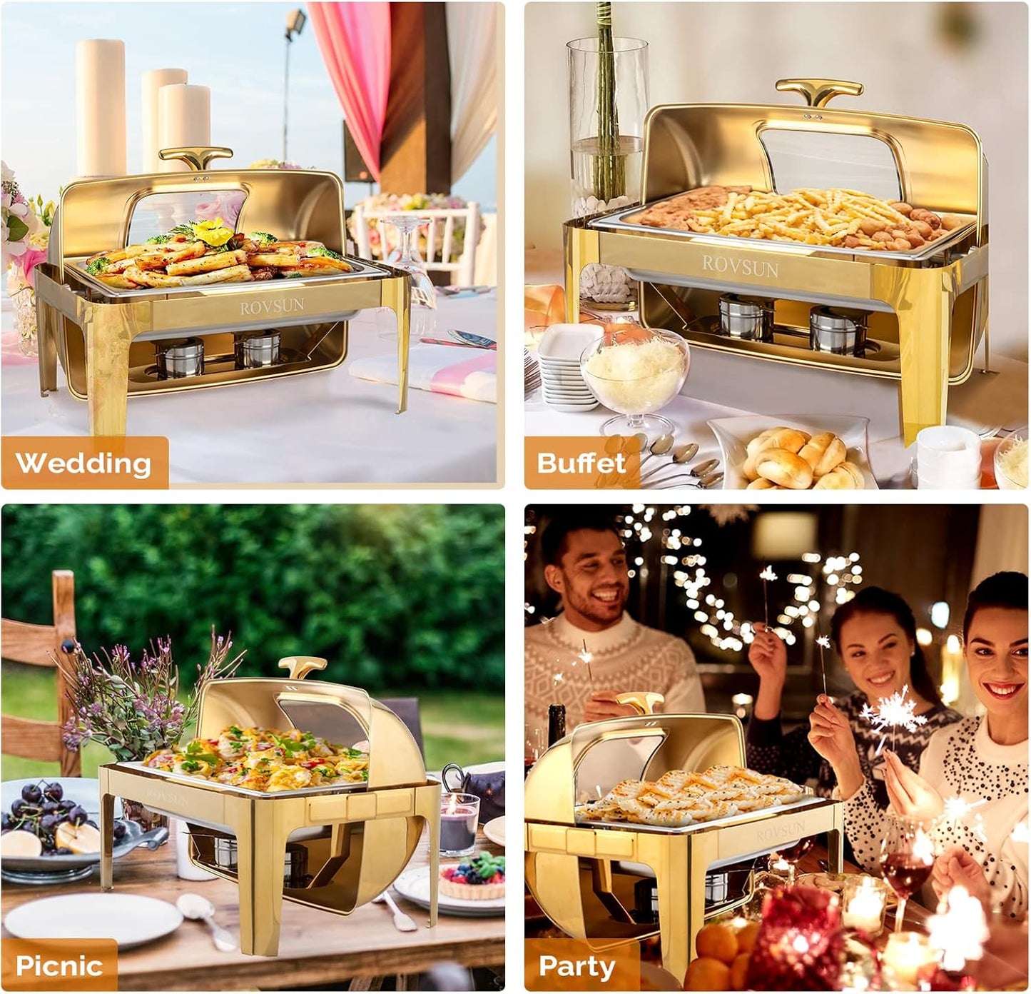 ROVSUN 9QT 3 Pack Roll Top Chafing Dish Buffet Set, Rectangular NSF Stainless Steel Buffet Warmer Chafers with Thick Frame for Catering Events Parties Weddings Dinners, Gold