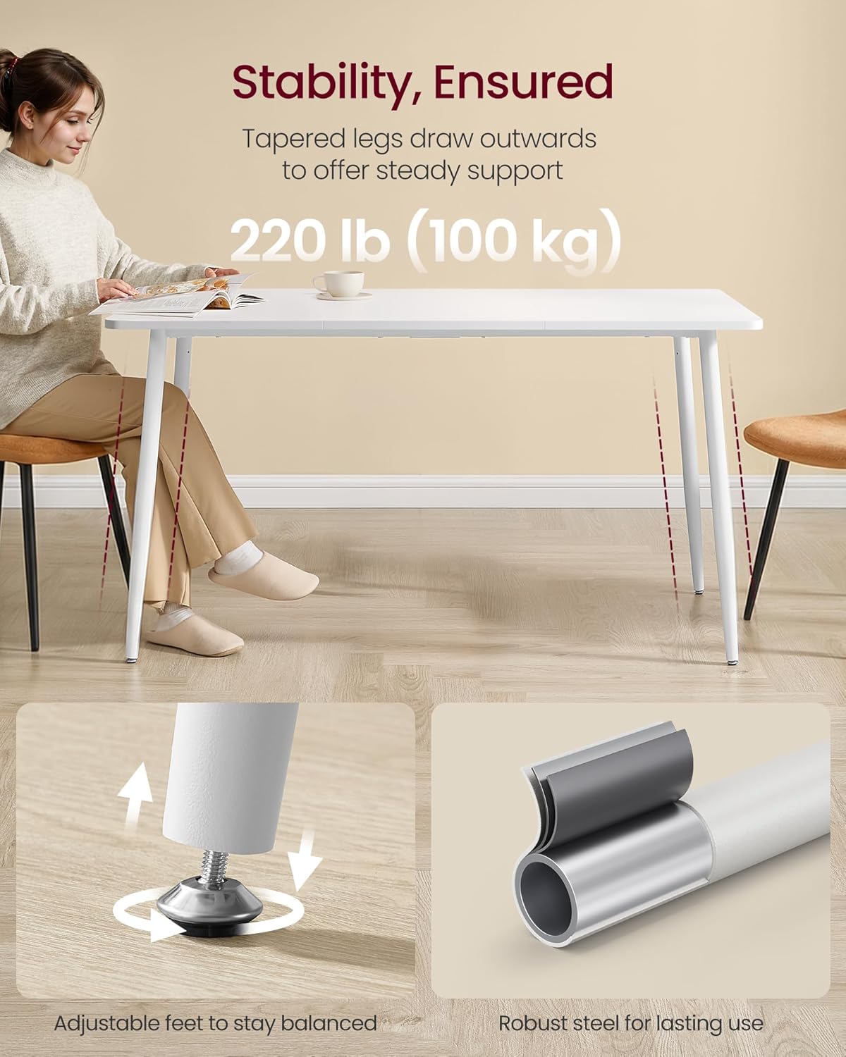 VASAGLE Dining Table, Dining Room Table for 4-6 People, Modern Farmhouse, for Kitchen, Quick Assembly, Heat-Resistant Surface, 29.5 x 55.1 x 29.5 Inches, Snow White UKDT100W101S