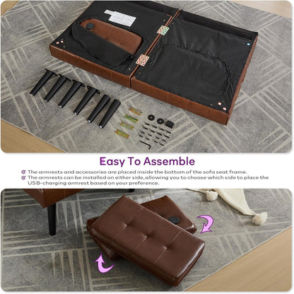 TYBOATLE 65“ Convertible Futon Sofa Bed w/ 2 USB,Tufted Small Adjustable Folding Couch Loveseat, Modern Mid Century Faux Leather Sleeper Sofa for Living Room, Bedroom,Office, Brown