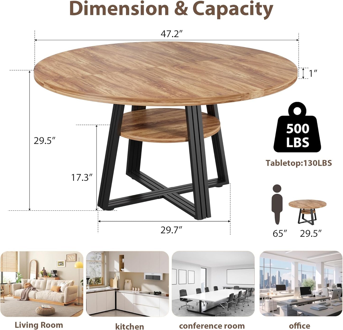 GarveeHome 47 Inch Round Dining Table for 4-6, Farmhouse Pedestal Kitchen Table with Storage Shelf, Space-Saving Circle, for Kitchen, Dining Room, Living Room, Apartment, Table Only- Retro