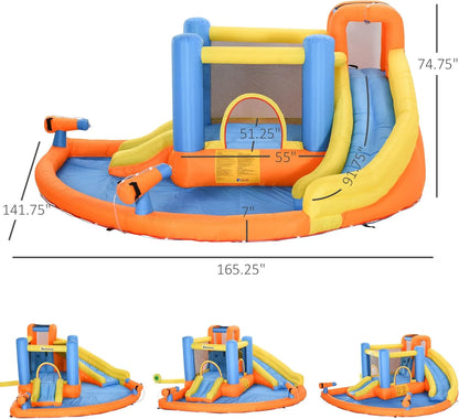 Kids Inflatable Water Slide 5-in-1 Bounce House Water Park Jumping Castle with Water Pool, Slide, Climbing Walls, & 2 Water Cannons, 450W Air Blower