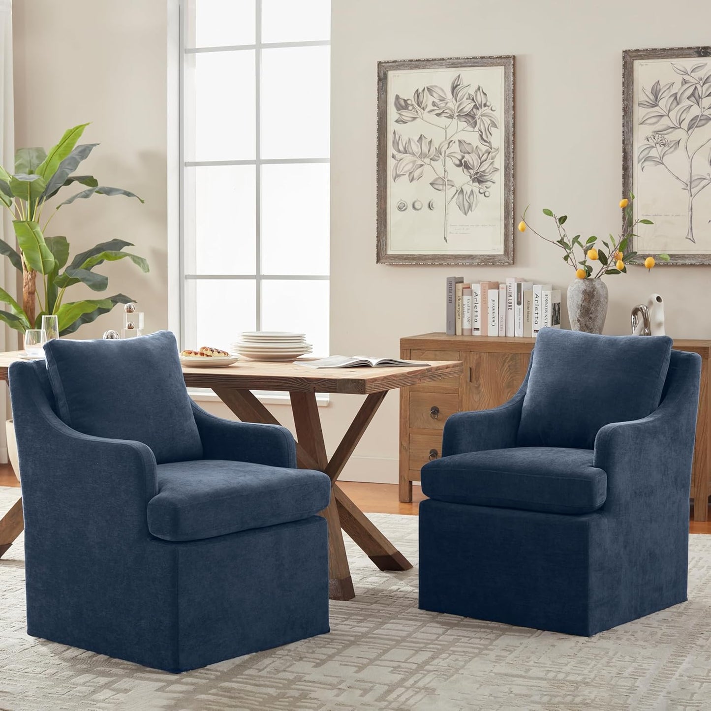 VKNOW Upholstered Dining Chairs Set of 4, Linen Kitchen Chair Dinner Chair with 4 Casters, Chenille Armchair for Bedroom Reading Room Living Room, Blue