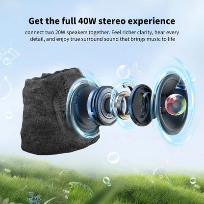 Outdoor Speakers Solar Powered & USB-C Charging, Rock Speaker TWS Pairing Wireless Outdoor Speaker Bluetooth 5.3, LED Light Show, Waterproof, ideal for Backyard BBQ, Garden, Poolside(2-Pc,Black)