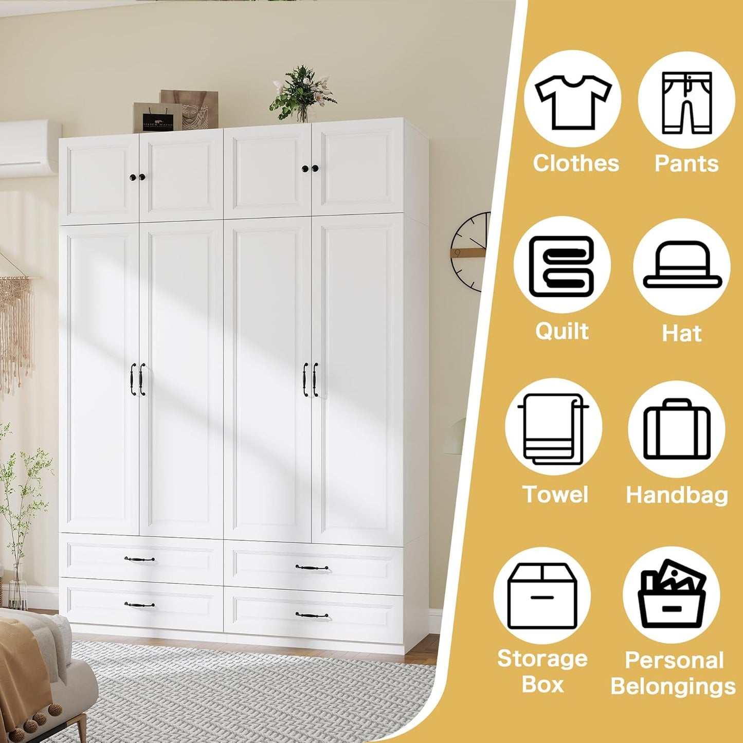 Armoire Wardrobe Closet with Doors: 89" Extra Tall White Wardrobe with Storage on Top, Bedroom Armoires with 4 Doors and 4 Drawers, Large Wood Closet Armoire for Hanging Clothes (B, 63")