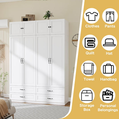 Armoire Wardrobe Closet with Doors: 89" Extra Tall White Wardrobe with Storage on Top, Bedroom Armoires with 4 Doors and 4 Drawers, Large Wood Closet Armoire for Hanging Clothes (B, 63")