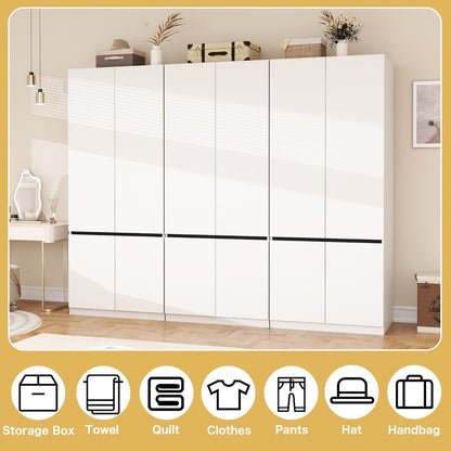 White Armoire Wardrobe Closet: 74" Wooden Wardrobe Closet with 6 Doors, Bedroom Armoires with Hanging Rod, Tall Closets Cabinet for Hanging Clothes (94.5")