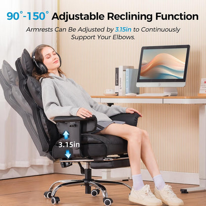 COMHOMA Big and Tall Office Chair Heavy Duty Wide Ergonomic Gaming Chair with Deluxe Embossing Leather with Foot Rest 150°Reclining Adjustable Armrests Pocket Spring Back Support and Without Pillow