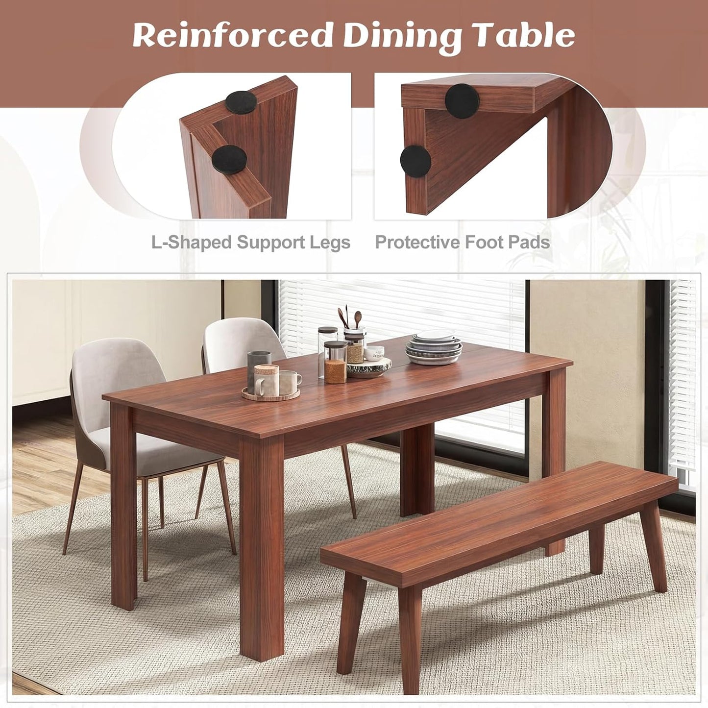 Giantex Dining Table for 4-6, 63" L Large Farmhouse Kitchen Table, Wooden Rectangular Dinner Table for Living Dining Room, Home Office, Dinette, 330LBS Capacity, Walnut