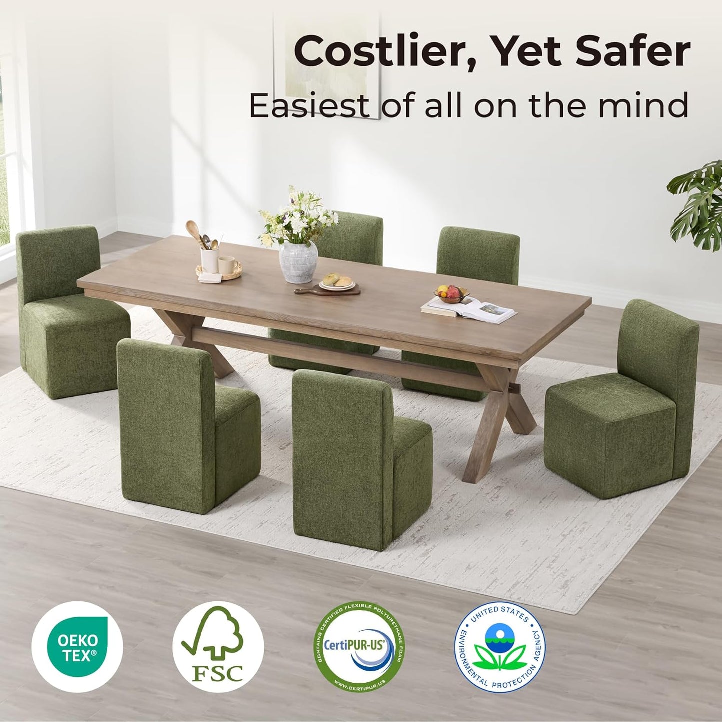 CHITA Dining Chairs with Casters Set of 4, FSC Certified Upholstered Armless Modern Rolling Dining Chairs with Rollers for Bedroom Reading Room Living Room, Moss Green