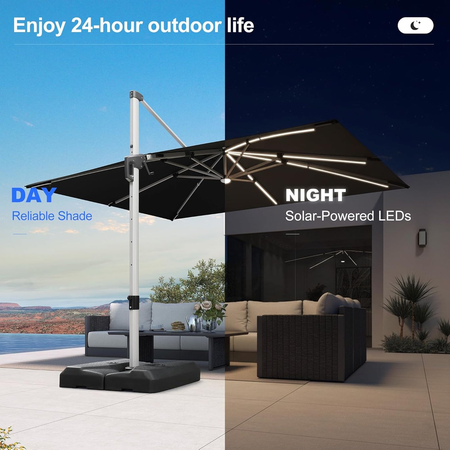 PURPLE LEAF 9' X 12' Patio Umbrella with Lights Outdoor Rectangle Cantilever Umbrella Solar Powered LED with 360-degree Rotation for Garden Deck Pool Patio, Black