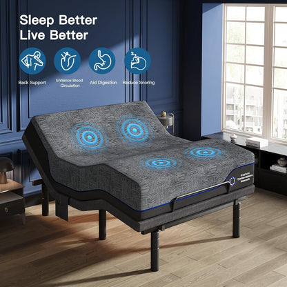 Pipishell Queen Adjustable Bed Frame and 12 Inch Memory Foam Mattress with Massage, Zero Gravity, Anti-Snore, Head and Foot Incline, Wireless Remote, 4 USB Ports, LED Night Light, Medium Firm Support