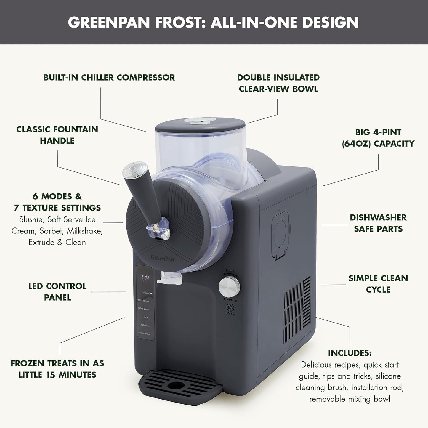 GreenPan Frost Ice Cream Maker & Slushie Machine, Soft Serve, Sorbet, Margaritas, Milkshakes, Frozen Yogurt, No Pre-Freezing, Ready in 15 Mins, 6 Modes, 7 Textures, Self-Cleaning, Family Size, Gray