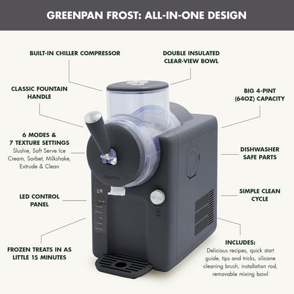 GreenPan Frost Ice Cream Maker & Slushie Machine, Soft Serve, Sorbet, Margaritas, Milkshakes, Frozen Yogurt, No Pre-Freezing, Ready in 15 Mins, 6 Modes, 7 Textures, Self-Cleaning, Family Size, Gray
