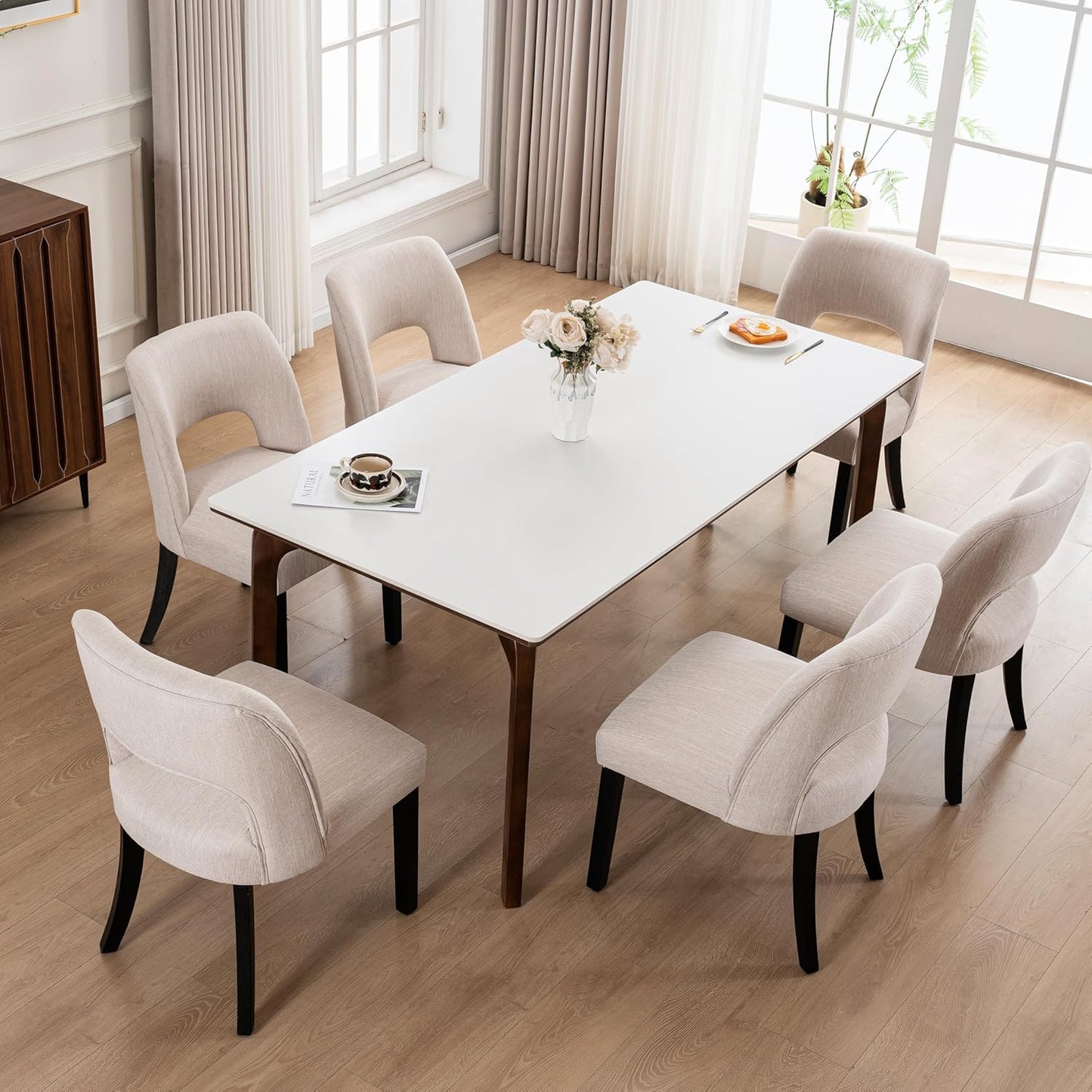 VKNOW Wooden Dining Chairs Set of 6, Modern Fabric Upholstered Dining Room Chair Kitchen Chairs, Farmhouse Dinner Chair for Kitchen Dining Room, Beige-Black Legs