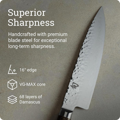 Shun Premier 8" Chef's Knife, Handcrafted Japanese Kitchen Knife for Professional and Home Chefs, VG-MAX Core with Damascus Stainless Steel Cladding, Pakkawood Handle