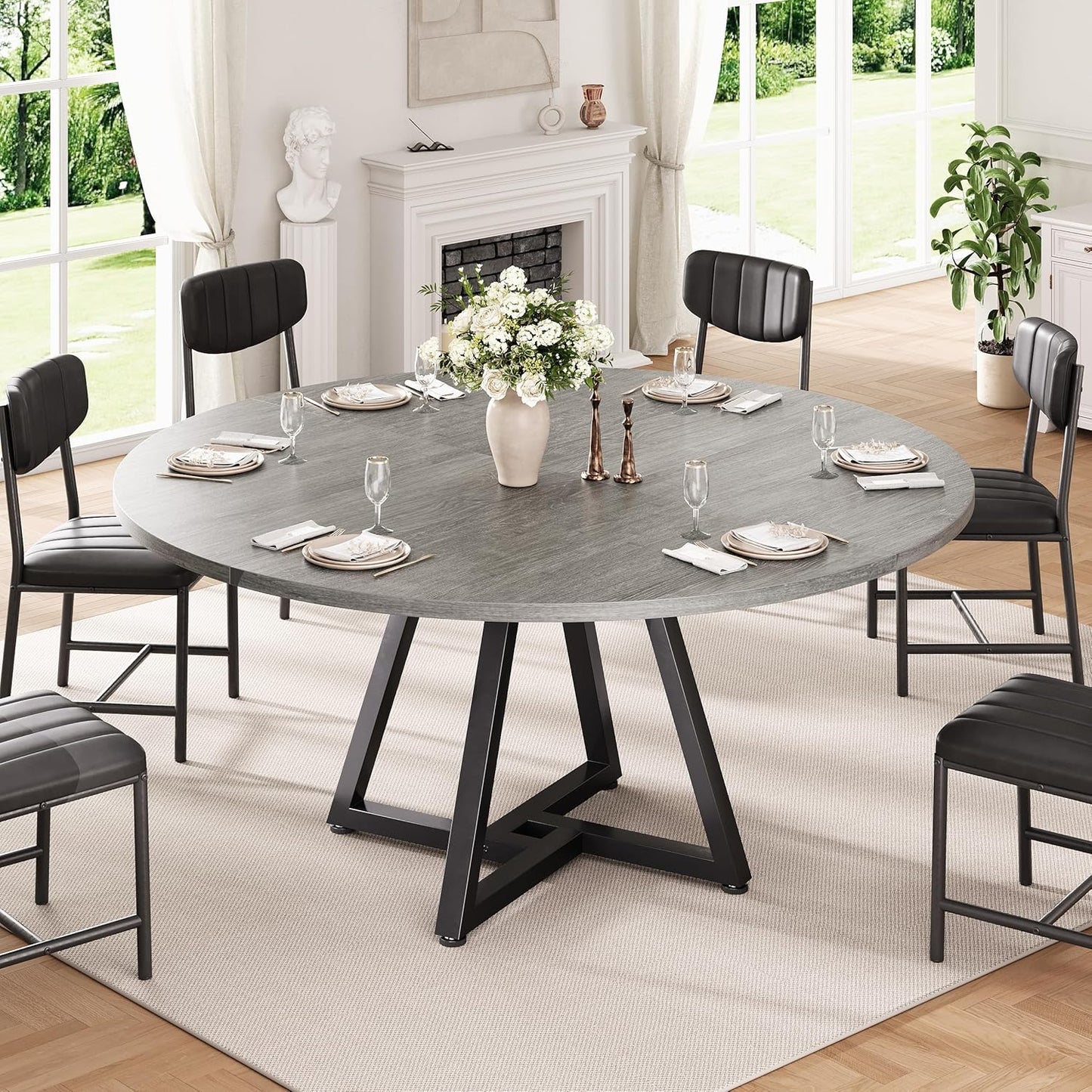 Jocoevol 51“ Round Kitchen Dining Room Table for 6-8, Circle Dining Dinner Table with Pedestal Metal Frame, Space Saving Wood Industrial Furniture for Small Space (Grey, 51In)
