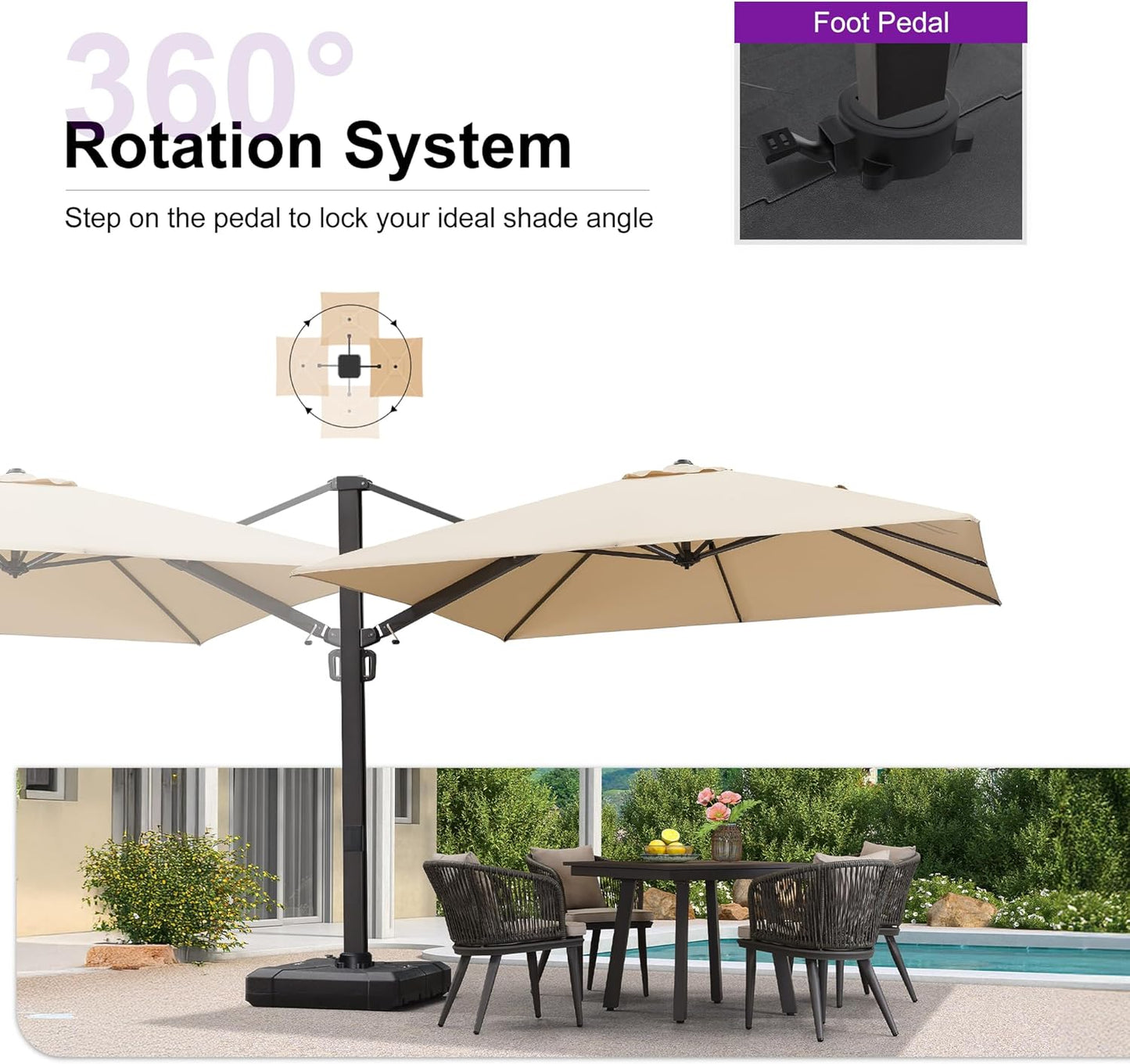 PURPLE LEAF 10ft Patio Umbrella Square Large Outdoor Windproof Offset Umbrella with 360° Rotation Cantilever Umbrella for Garden Deck Backyard Pool Beige