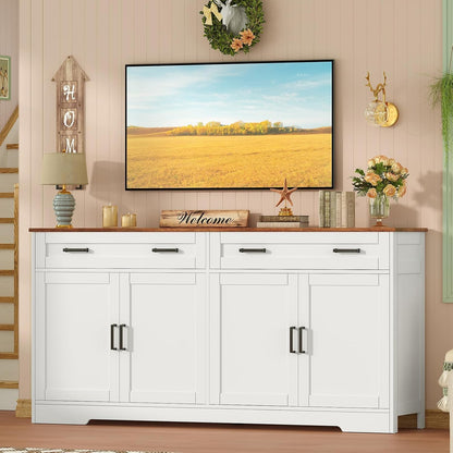 usikey Buffet Cabinet with Storage and Drawers, 55" Large Sideboard Buffet Cabinet with Adjustable Shelves and Doors, Modern Coffee Bar for Kitchen, Living Room, White