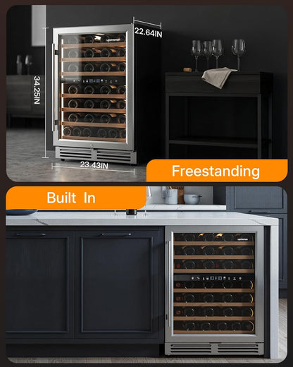 Upstreman 24 Inch Wine Fridge, 54 Bottles Dual Zone Wine Cooler Under Counter, Built-in or Freestanding Wine Fridge with Stainless Steel Glass Door for Home, Bar, or Kitchen