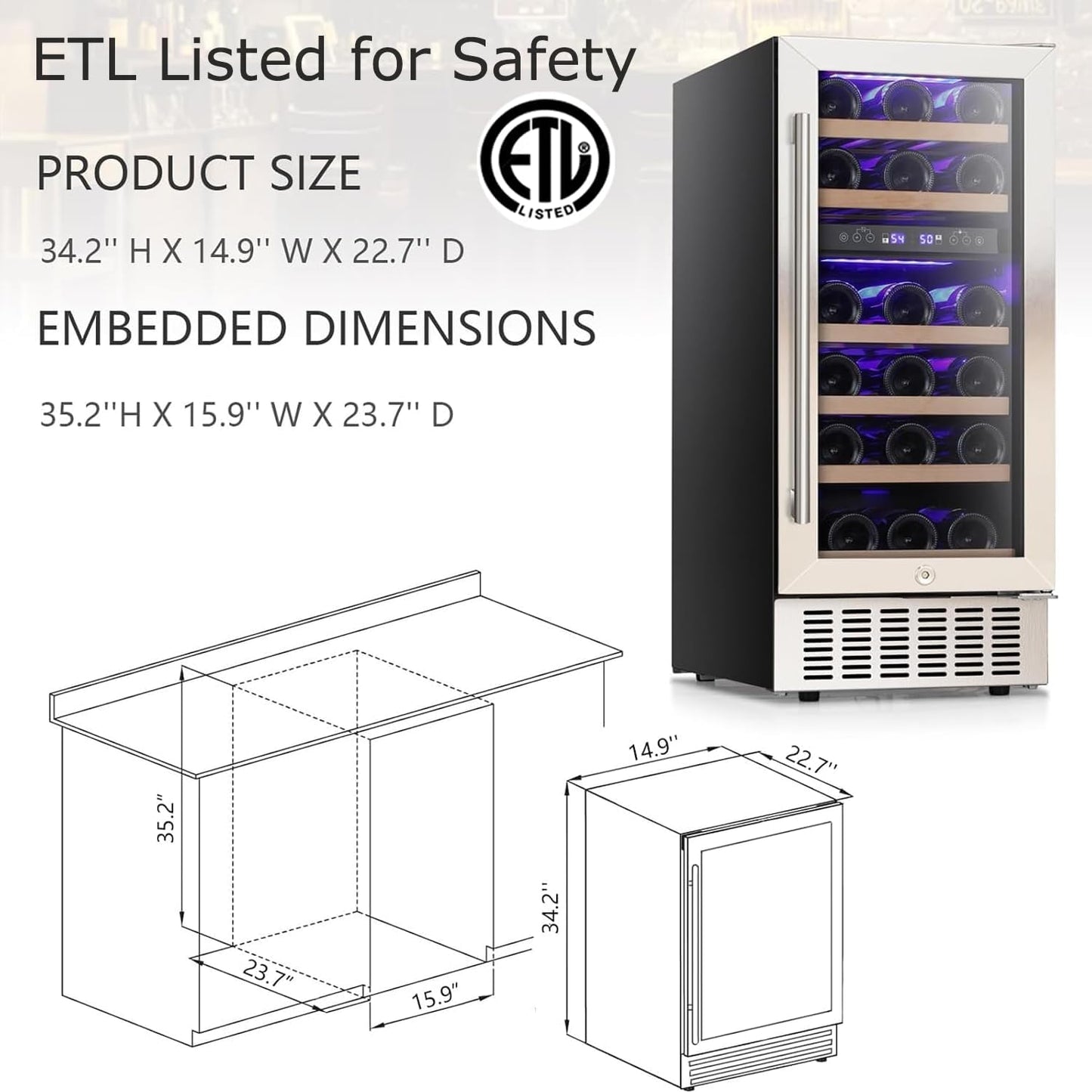 COWSAR 28 Bottle Wine Fridge, Commercial Dual Zone Beverage Refrigerator, Independent Temp, LED, Under Counter Drink Wine Cooler Chiller with Stainless Steel Frame, Double-Layer Tempered Glass Door