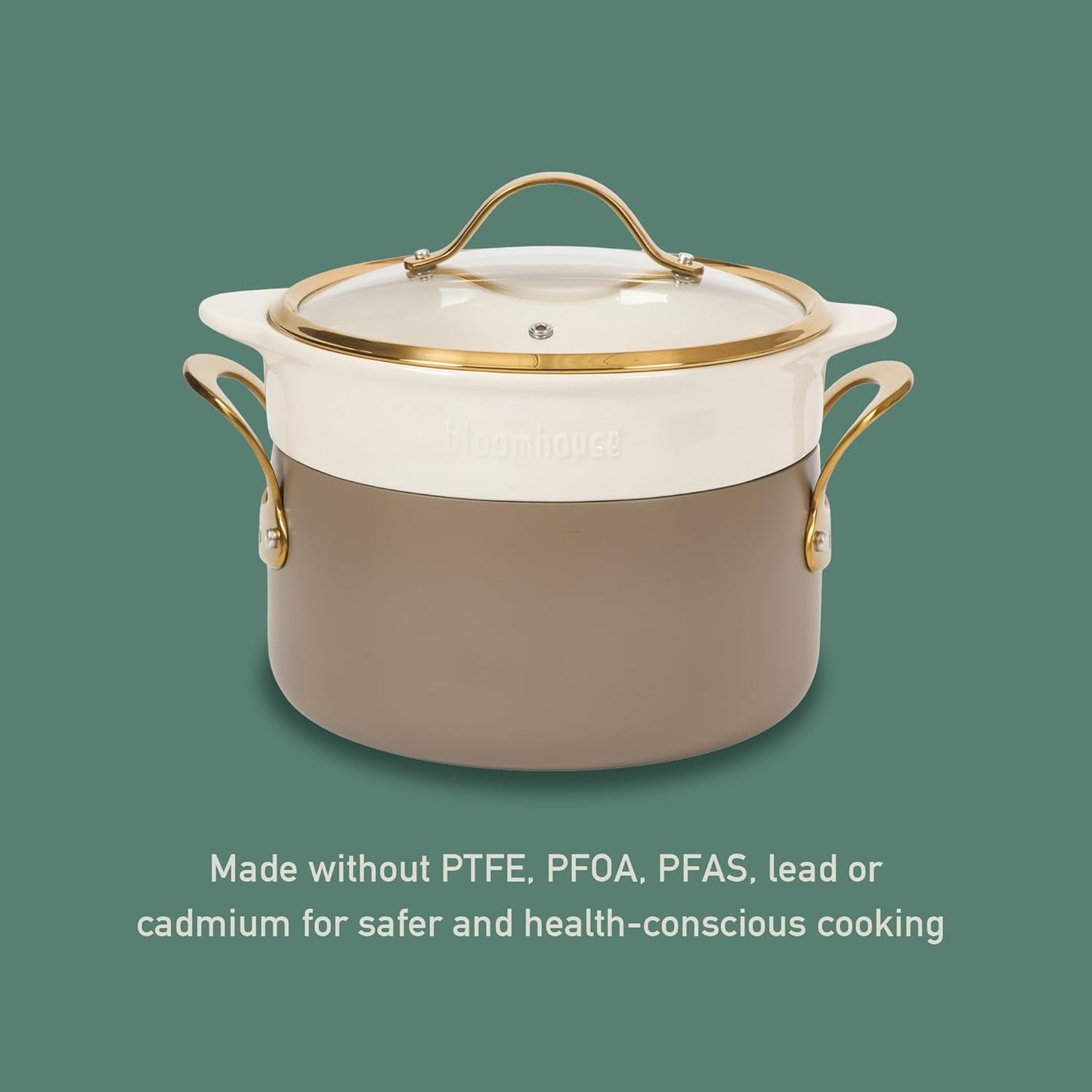 Bloomhouse - Two Time Oprah's Favorite Things Winner - 15 Piece Pots and Pans Heavy Duty Aluminum Premium PFA Free Ceramic Nonstick Dutch Oven Pot with Lid - Cappuccino Cream with Gold Handle