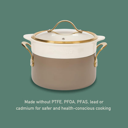 Bloomhouse - Two Time Oprah's Favorite Things Winner - 15 Piece Pots and Pans Heavy Duty Aluminum Premium PFA Free Ceramic Nonstick Dutch Oven Pot with Lid - Cappuccino Cream with Gold Handle