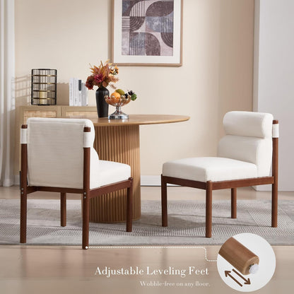 CIMOTA Modern Upholstered Dining Chairs Set of 6, Linen Fabric Kitchen & Dining Room Chairs Boucle Armless Side Chairs with Curved Backrest/Solid Wood Legs, Cream White