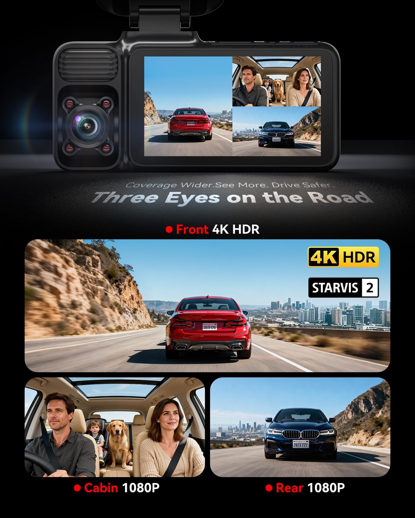 REDTIGER F17 4K Triple Channel Dash Cam with WiFi & GPS
