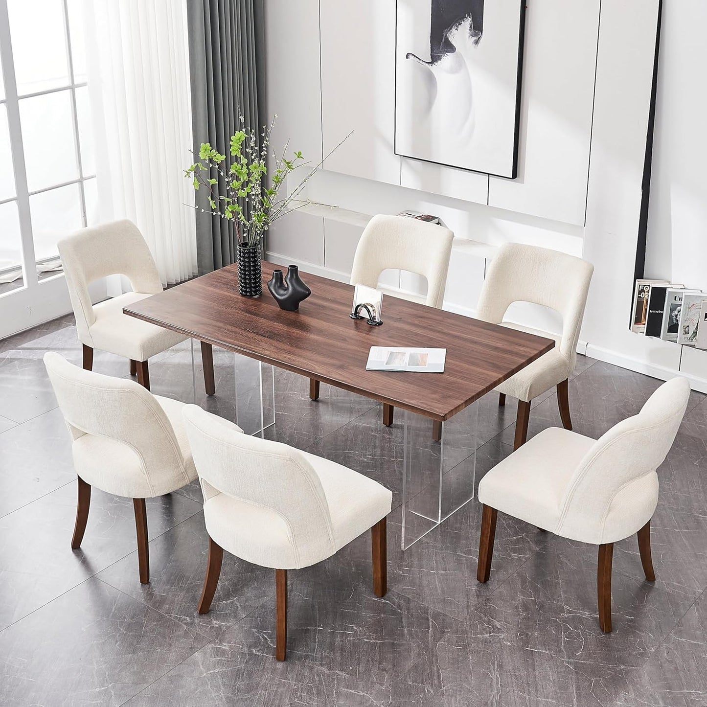 VKNOW Wooden Dining Chairs Set of 6, Modern Fabric Upholstered Dining Room Chair Kitchen Chairs, Farmhouse Dinner Chair for Kitchen Dining Room, Cream