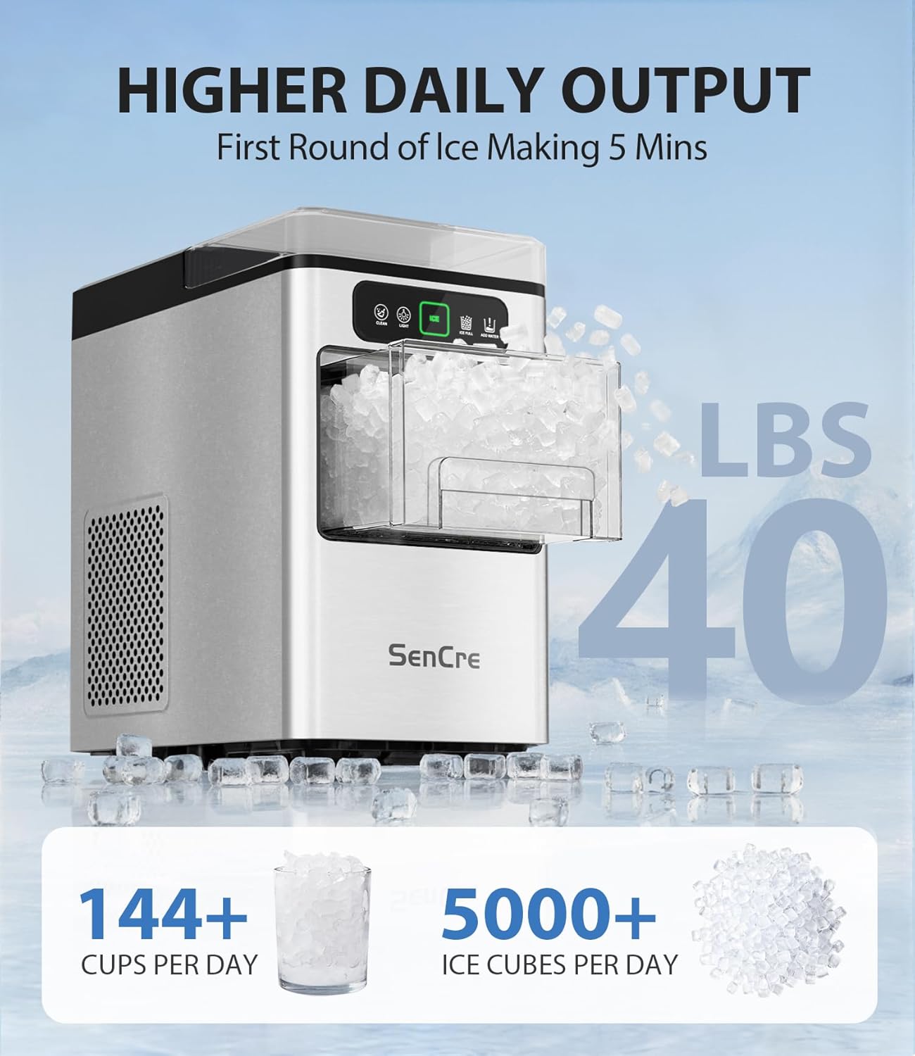 Nugget Ice Maker 40lbs/Day, Countertop Ice Maker Soft Chewable Ice, Ice Makers One-Click & Self-Cleaning, Crushed Pellet Ice Machine with Scoop&Basket for Home/Kitchen/Office, Stainless Silver