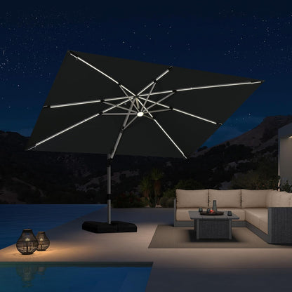 PURPLE LEAF 9' X 12' Patio Umbrella with Lights Outdoor Rectangle Cantilever Umbrella Solar Powered LED with 360-degree Rotation for Garden Deck Pool Patio, Grey