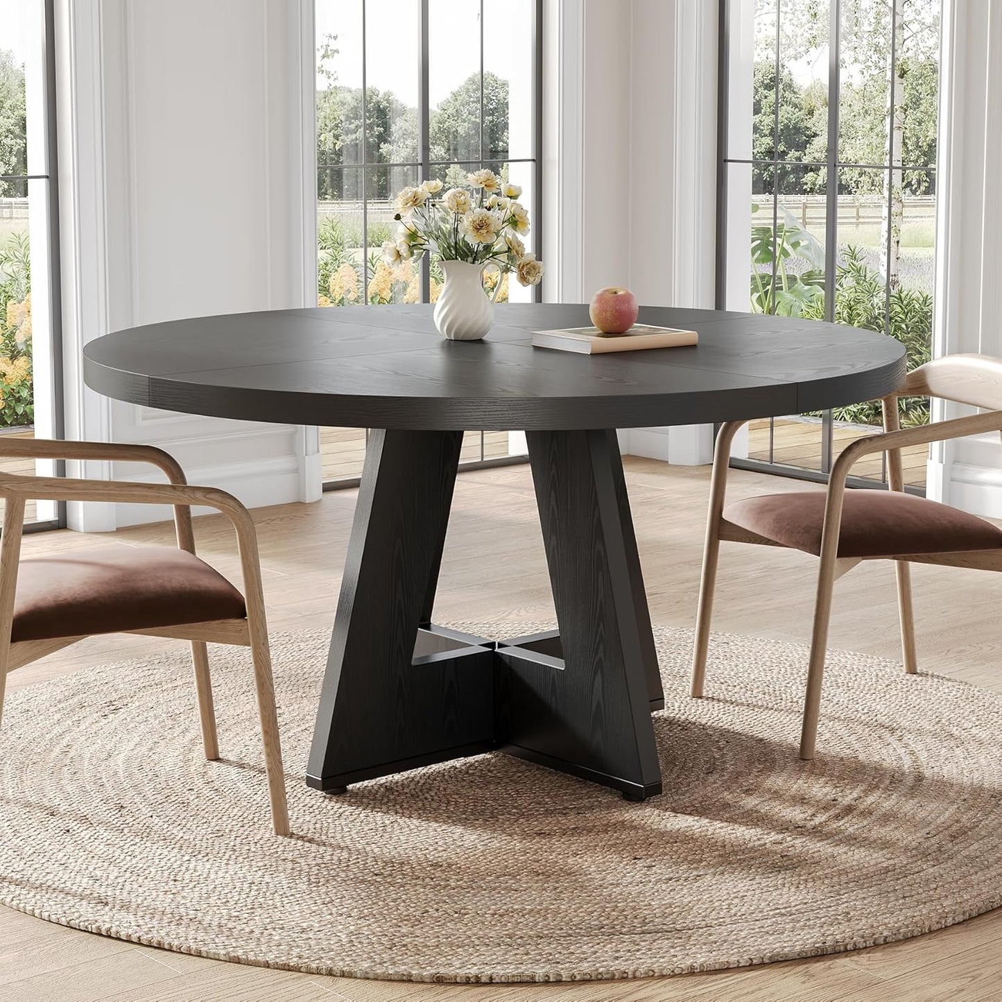 LITTLE TREE Round Dining Table for 4-6 People, 47 Inches Dining Room Table with Wooden Pedestal Base, Black Dinner Tables, Circle Kitchen Tables for Dining Room, Kitchen, Living Room