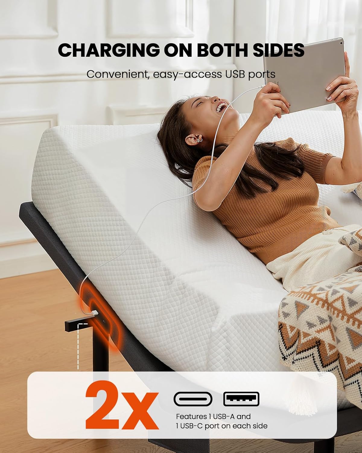 Amada Split King Adjustable Bed Frame with Massage, Adjustable Bed Base with 4 USB Ports & Under-Bed Nightlight, Head & Foot Incline, Electric Base with 4 Height Options, 01B-SK1