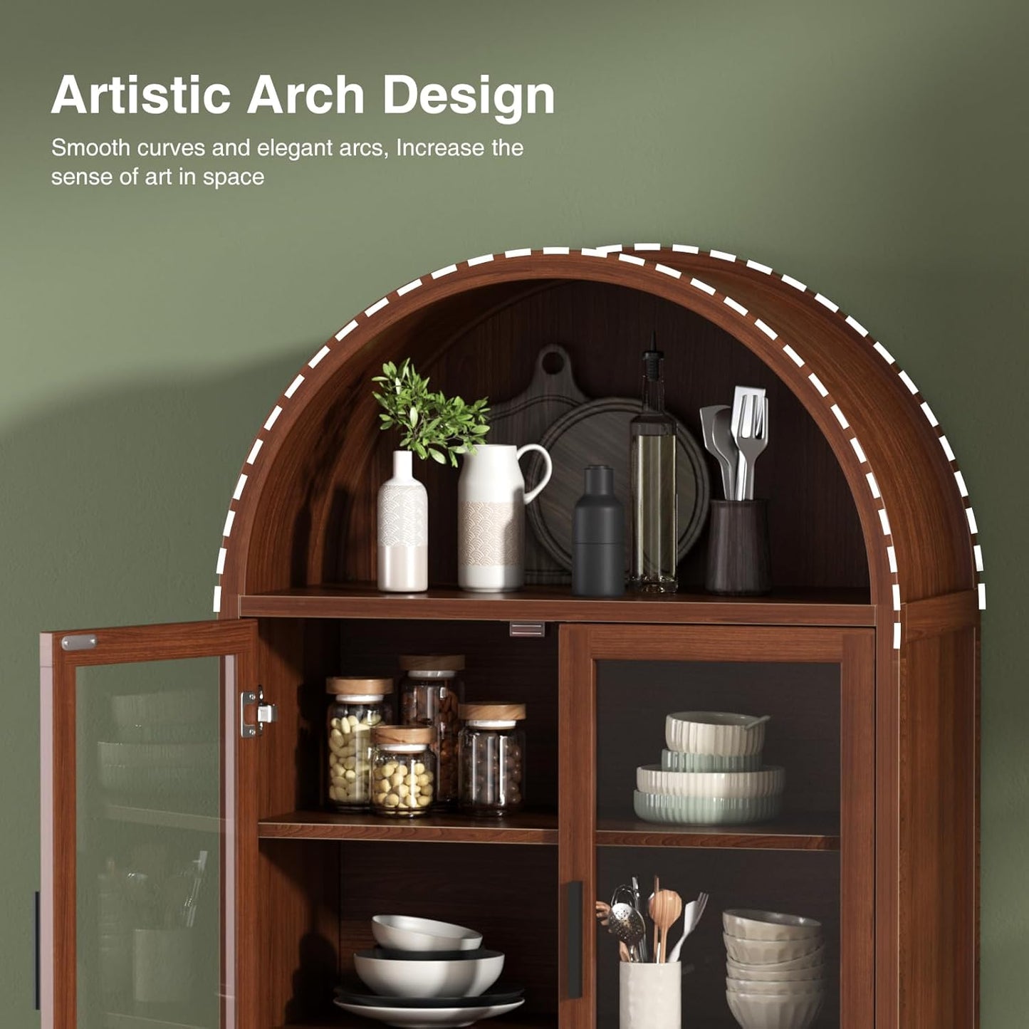 FiveWillowise 71" Tall Arched Cabinet with Glass Doors, Fluted Pantry Cabinet with Solid Wood Legs, Modern Accent Furniture for Living Room, Kitchen, Dining Room, Entryway, Walnut