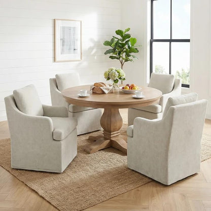 VKNOW Upholstered Dining Chairs Set of 4, Modern Kitchen Chairs Dinner Chairs with 4 Casters, Chenille Armchair for Bedroom Reading Room Living Room, Beige
