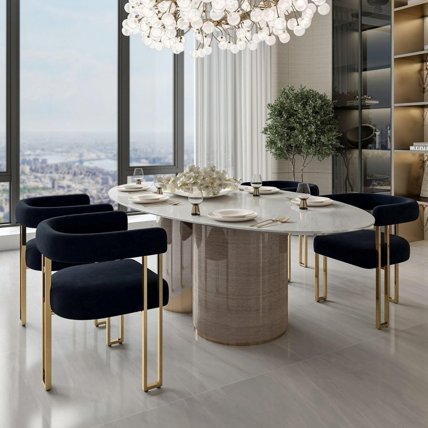 Hyfirm Set of 4 Black and Gold Modern Dining Chairs, Velvet Upholstered Barrel Armchairs with Metal Legs for Kitchen Island, Mid Century Accent Chairs for Dining Room Living Room, Open-Back