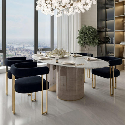 Hyfirm Set of 4 Black and Gold Modern Dining Chairs, Velvet Upholstered Barrel Armchairs with Metal Legs for Kitchen Island, Mid Century Accent Chairs for Dining Room Living Room, Open-Back