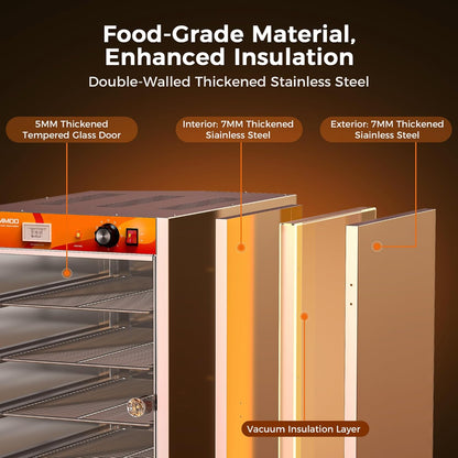 CAMMOO 133Qt 5-Tier 900W Commercial Food Warmer w/ 304 Blued Stainless Steel Heating Element, Single-Tempered Glass Door, Adjustable Shelf, Electric Catering Hot Box Countertop Heated Holding Cabinet