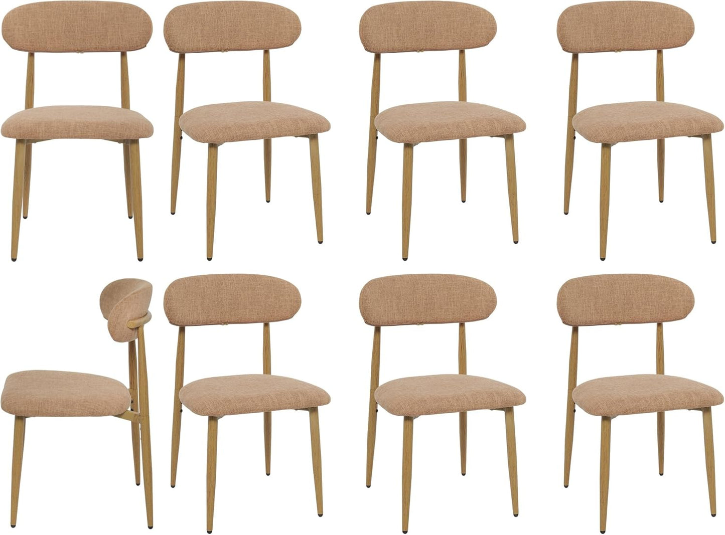 FREKEN Modern Upholstered Dining Chairs Set of 8, Mid-Century Metal Frame with Wood Grain, Linen Fabric Side Chair for Kitchen Dining Room, 350lbs Capacity, Brown