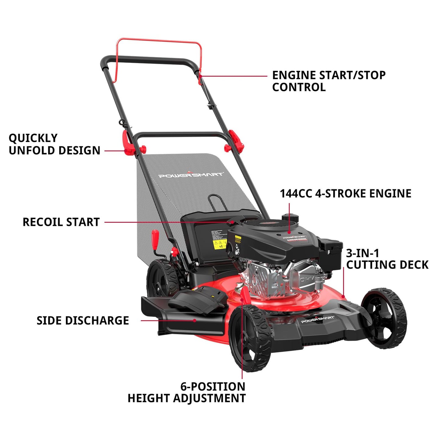 POWERSMART EasyGlide 21-Inch Gas Lawn Mower - 3-in-1 144cc