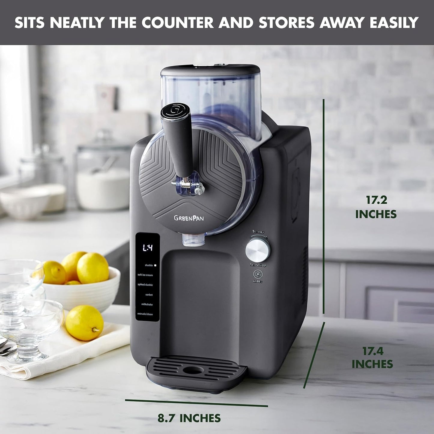 GreenPan Frost Ice Cream Maker & Slushie Machine, Soft Serve, Sorbet, Margaritas, Milkshakes, Frozen Yogurt, No Pre-Freezing, Ready in 15 Mins, 6 Modes, 7 Textures, Self-Cleaning, Family Size, Gray
