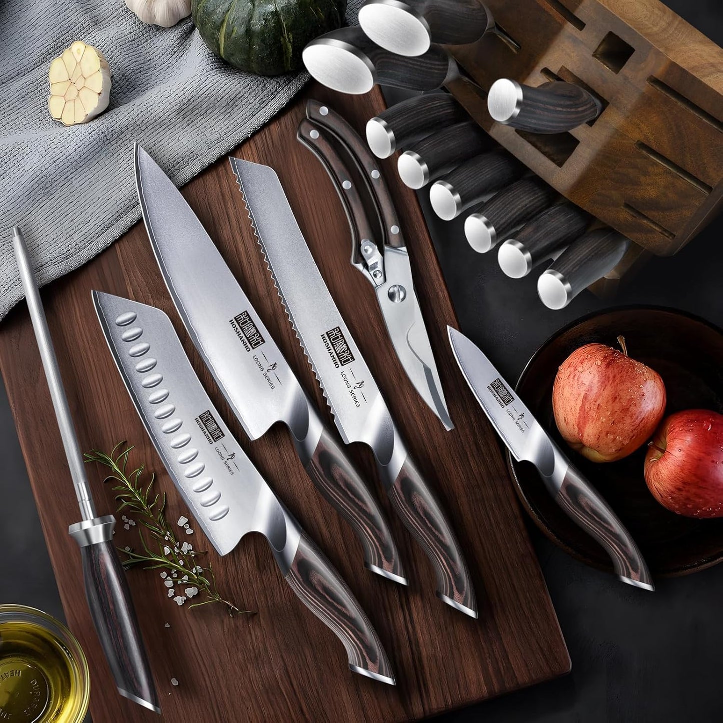 HOSHANHO 16-Piece Knife Set, Japanese High Carbon Stainless Steel Kitchen Knife Set, Ultra Sharp Chef Knife Block Set with Sharpener