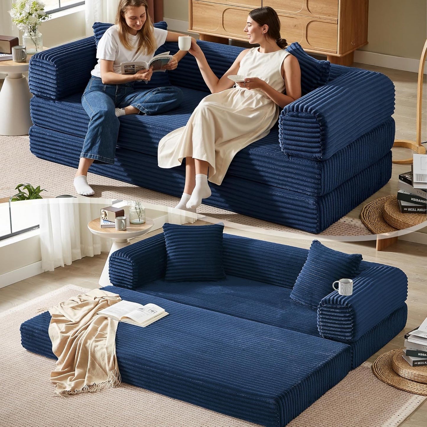 Boneless Couch Versatile Couches for Living Room No-Install Sofa Bed Corduroy Futon Soft Cloud Couch with Pillows for Bedroom Game Movie (Dark Blue, 76")