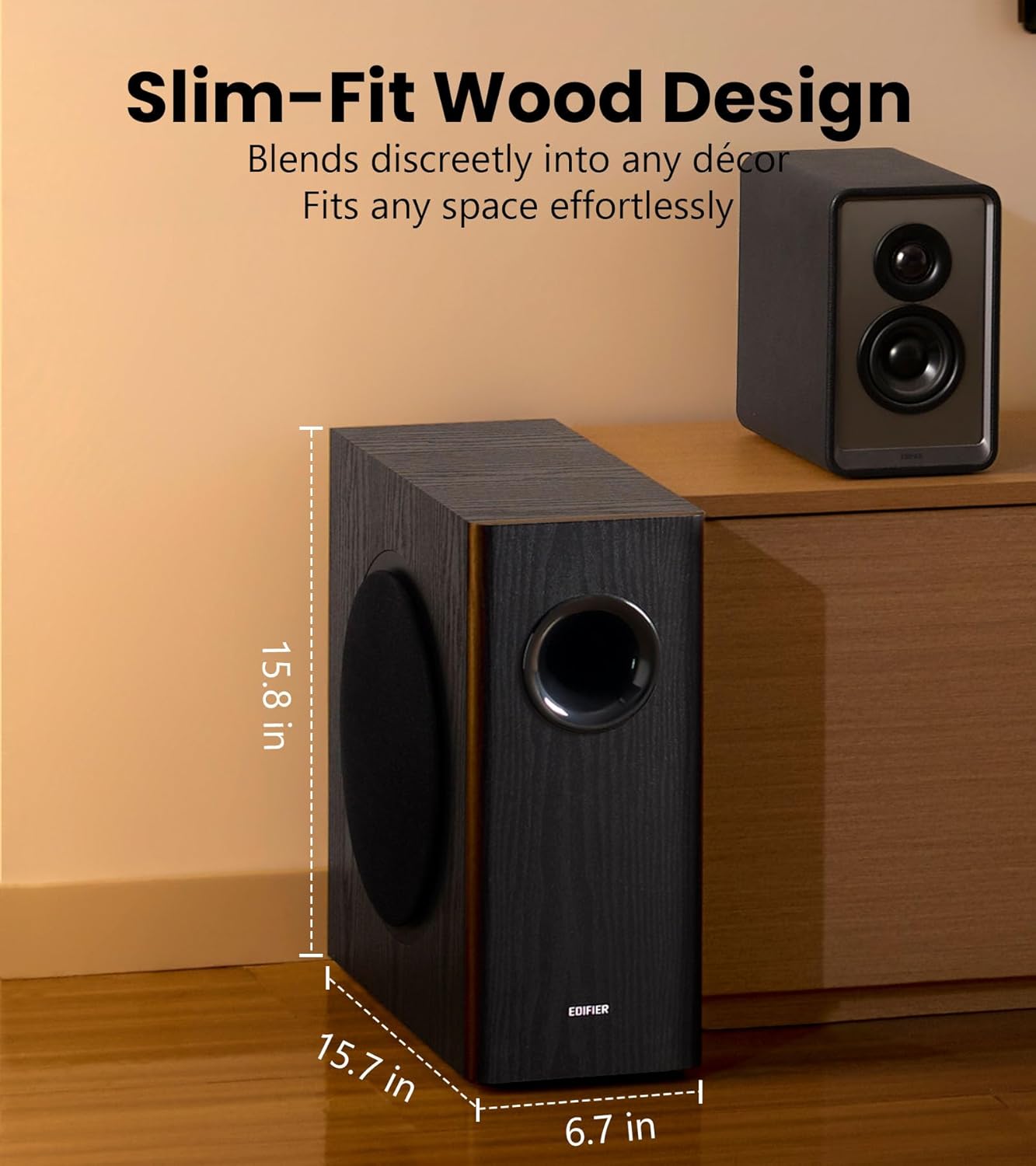 Edifier T5s Powered Active Subwoofer with 70W RMS, 8" Long-Throw Woofer, Deep Bass (35Hz) Speaker, Built-in Amp, Low Distortion, Phase Selector & Energy-Efficient for Home & Studio Audio, Black