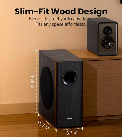 Edifier T5s Powered Active Subwoofer with 70W RMS, 8" Long-Throw Woofer, Deep Bass (35Hz) Speaker, Built-in Amp, Low Distortion, Phase Selector & Energy-Efficient for Home & Studio Audio, Black