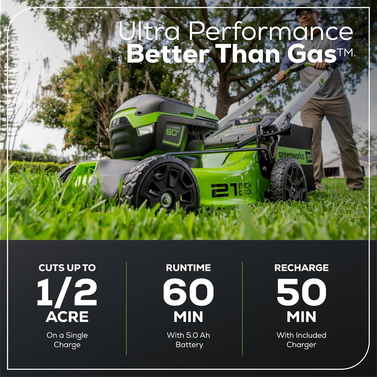 Greenworks 60V 21" Brushless (Push) Cordless Lawn Mower, 5.0Ah Battery (1/2 Acre, Rapid Charger, 4-in-1, LED Lights, IPX4)