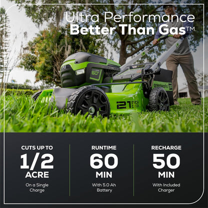 Greenworks 60V 21" Brushless (Push) Cordless Lawn Mower, 5.0Ah Battery (1/2 Acre, Rapid Charger, 4-in-1, LED Lights, IPX4)