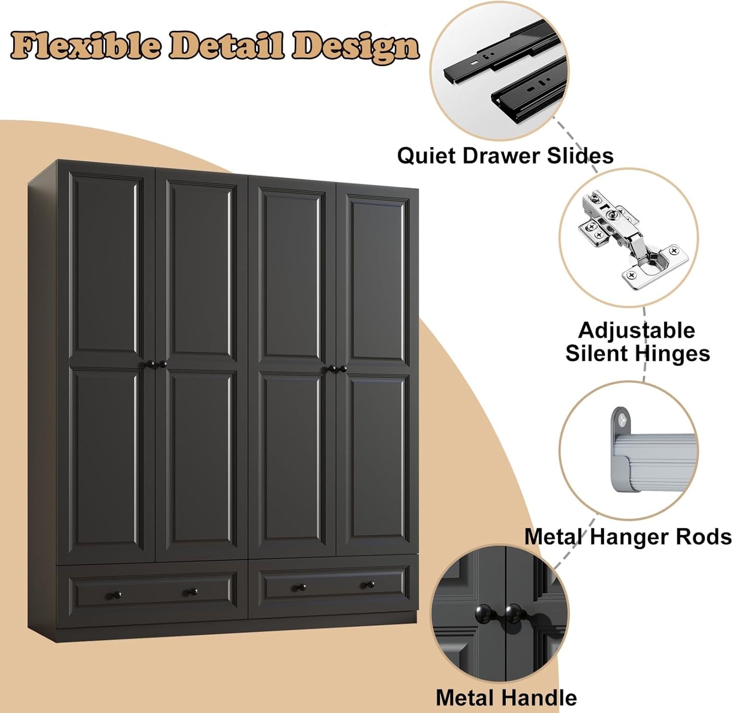 Armoire Wardrobe Closet with Drawers: 74" Black Tall Wooden Wardrobe Closet for Hanging Clothes, Large Bedroom Armoires with 2 Drawers, 4 Door Armoire Storage Cabinet (Black, 63")